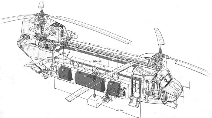 A CH-47C Chinook helicopter cutaway drawing.