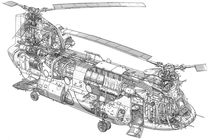 An HC Mark II Chinook helicopter cutaway drawing.