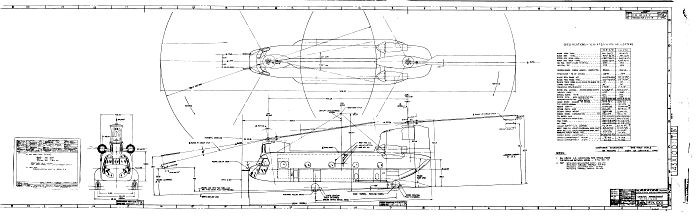 A three view engineering drawing of the YCH-47D Chinook helicopter.