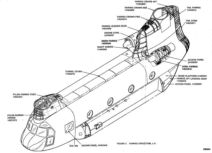 A drawing of the CH-47D Chinook helicopter showing the left side of the airframe.