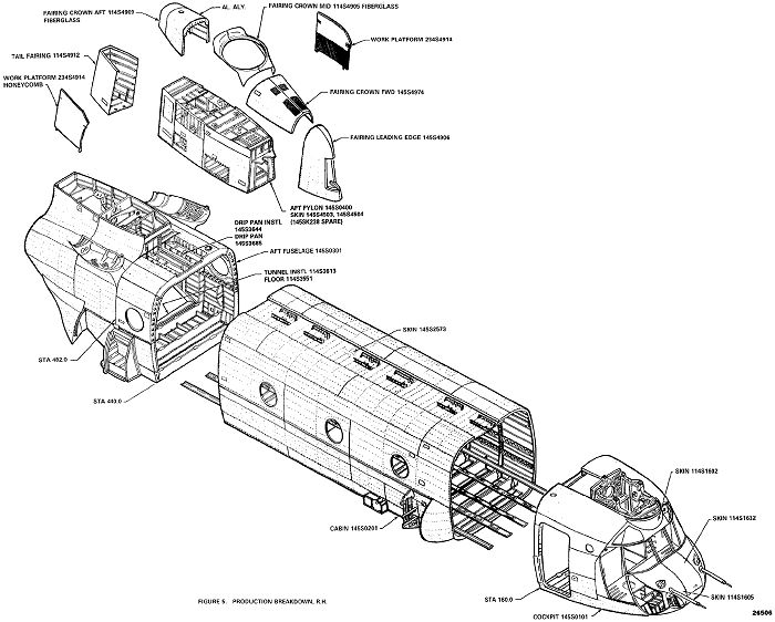 A drawing of the CH-47D Chinook helicopter showing the major manufactured portions of the airframe.