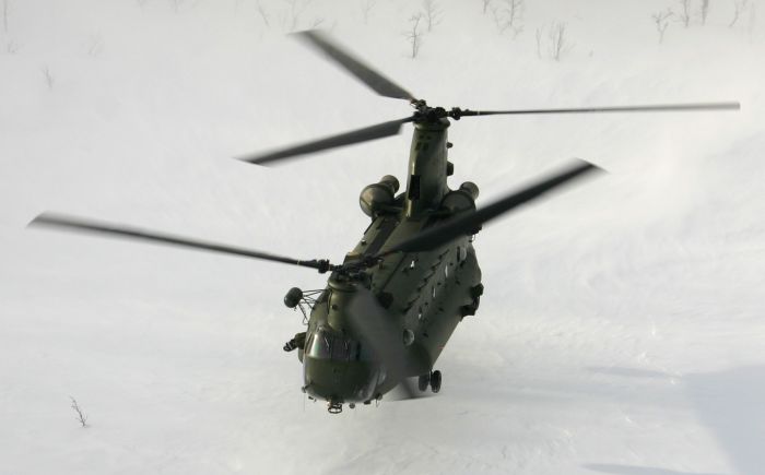 An Arctic photo of an RAF HC Mark II Chinook taken in the mountains near Bardufoss, Norway, date unknown.