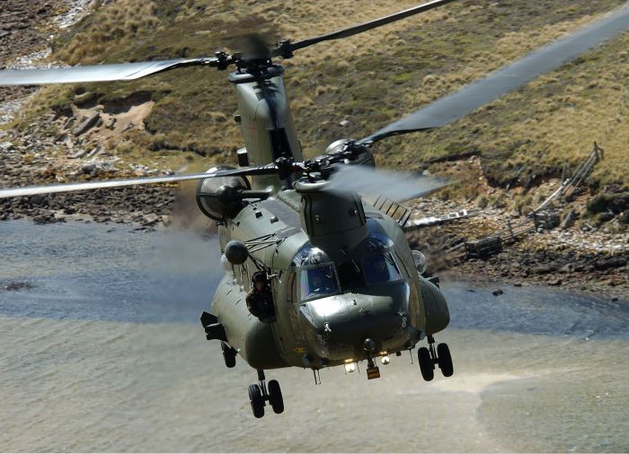 A Royal Air Force Chinook conducting low-level flight, date and location unknown.