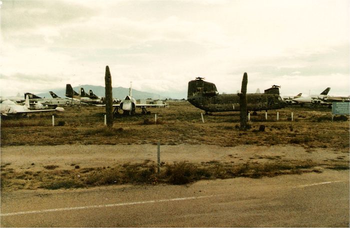 An unknown A model Chinook helicopter at Davis Monthan Air Force Base, circa 1983.
