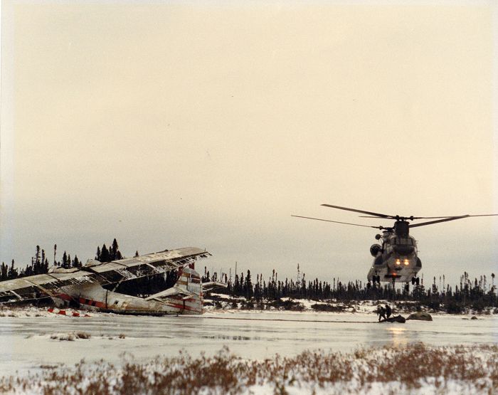 Canadian CH-47C Chinook helicopter 147007 preparing to lift a PBY aircraft near Goosebay, Newfoundland.
