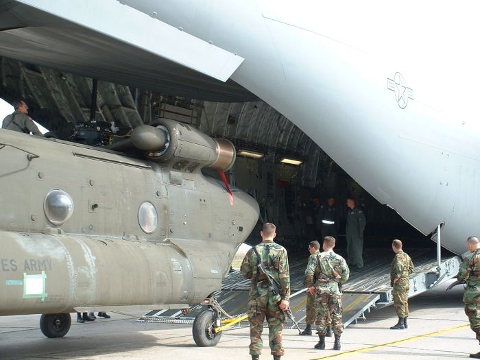 89-00138 being loaded aboard a United States Air Force (USAF) C-17 Globemaster III transport aircraft at Camp Able Sentry, Macedonia.