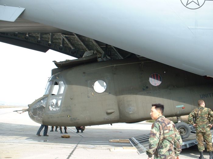 89-00138 being loaded aboard a United States Air Force (USAF) C-17 Globemaster III transport aircraft at Camp Able Sentry, Macedonia.