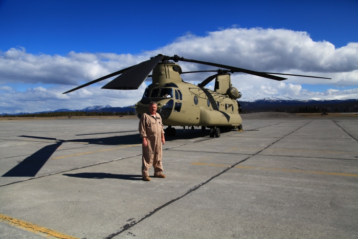 18 April 2012: Mark Morgan, pilot of CH-47F Chinook helicopter 08-08771 stands on the ramp at Whitehorse, Yukon Territory.