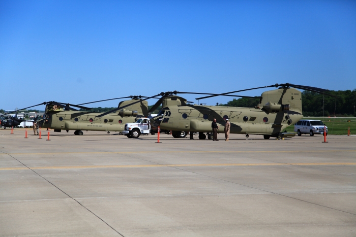 The team preflights and refuels the CH-47F Chinook helicopters at the Spirit of St. Louis Airport to ready them for the next day's flight.