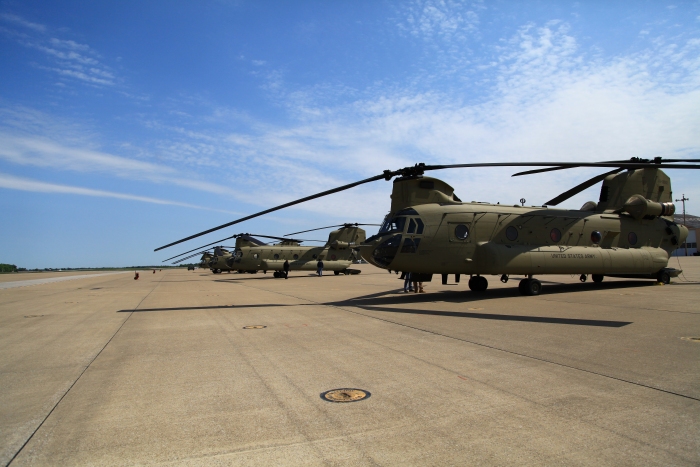Sortie 1 CH-47F Chinook helicopters arrive at Fort Campbell Army Airfield for fuel.