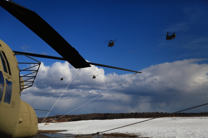19 April 2012: Sortie 2, flight of four, CH-47F Chinook helicopters arrive at Ladd Field, Fort Wainwright, Alaska.